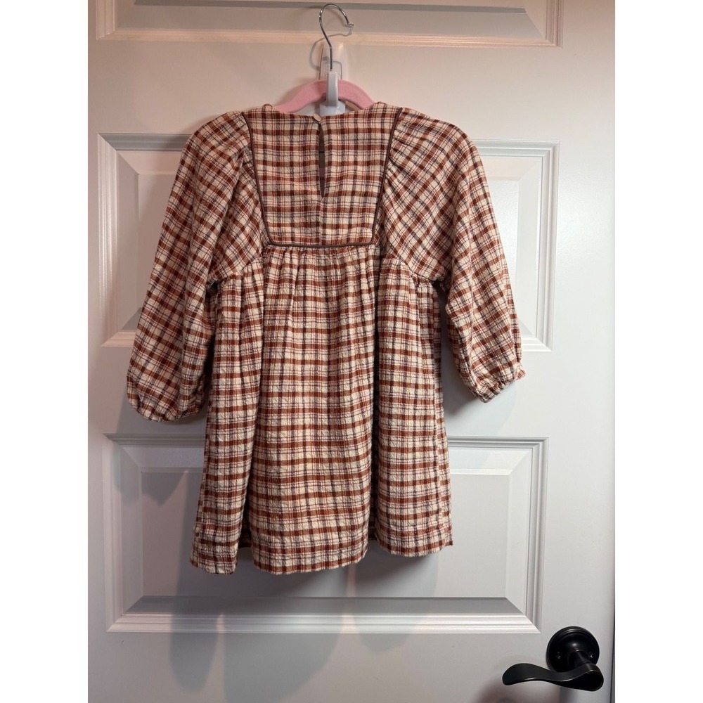 Zara Kids Girls Brown Plaid Textured Babydoll Dress Square Neck 4 Years 104cm - Picture 3 of 6